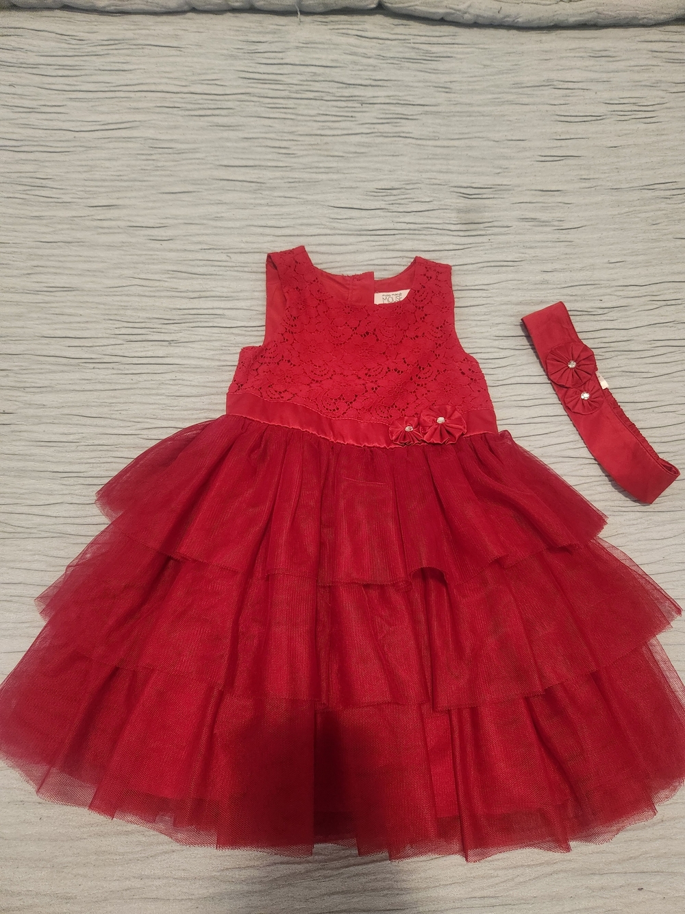 Girls Red Lace & Tiered Tulle Dress with Matching Headband
